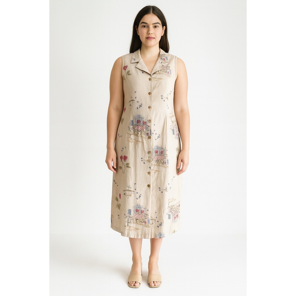 Sleeveless Beige Midi Button-Front Dress with Floral Print
